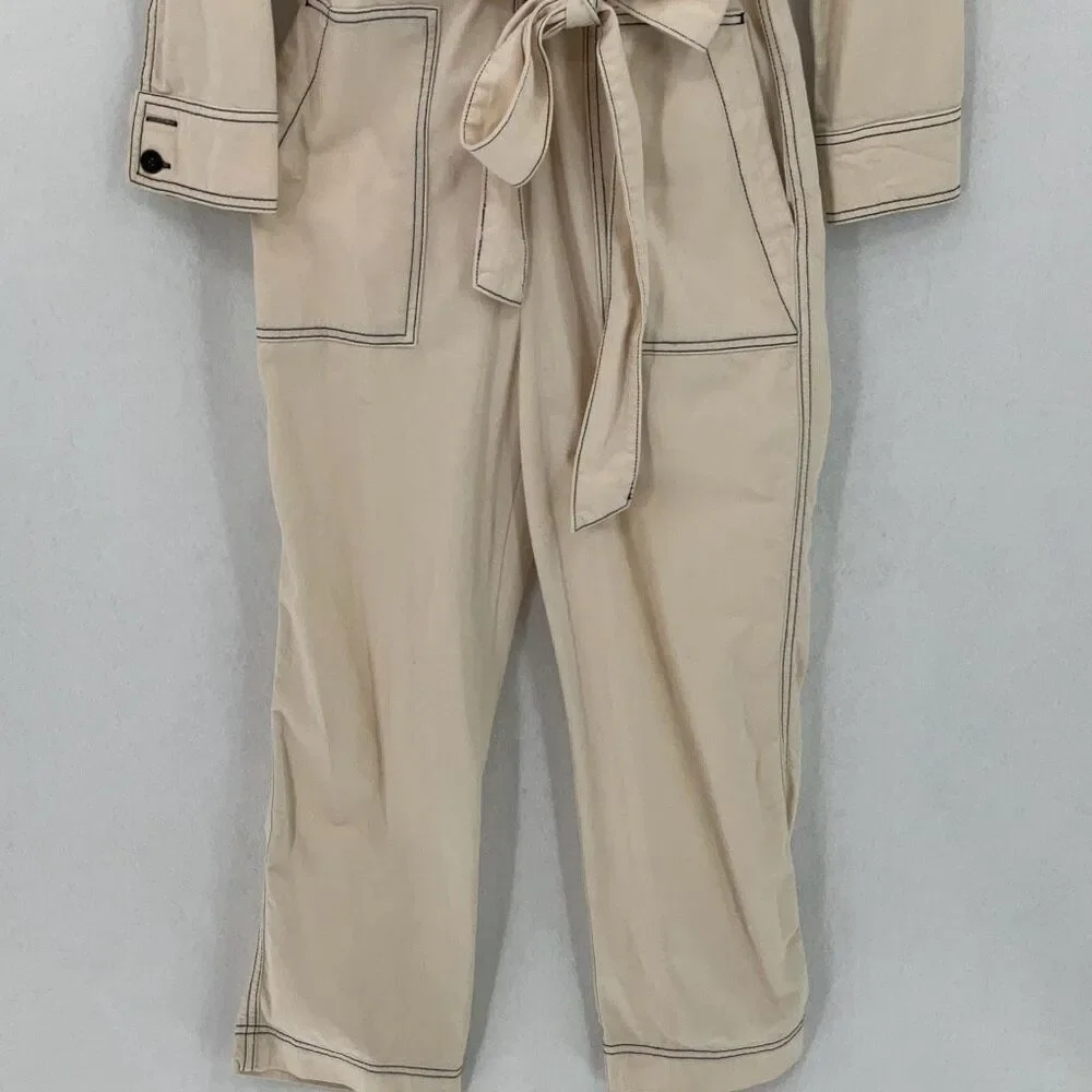 Zara Beige Cotton Linen Blend Boiler Suit Pockets Denim Utility Jumpsuit Small
